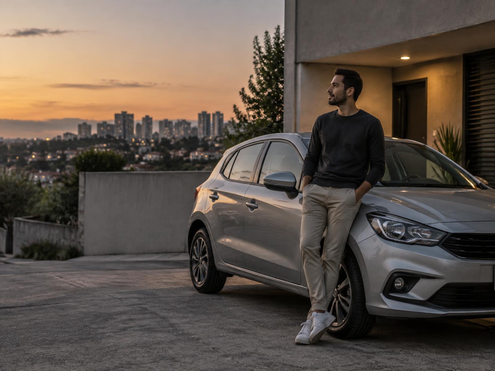 Pessoa ao lado de um carro popular em ambiente residencial